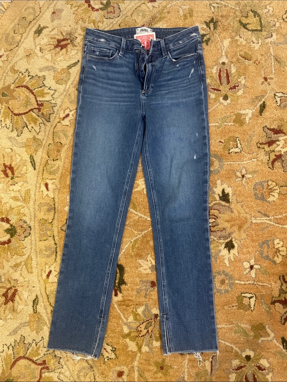 PAIGE Raw Hem Straight Leg Jeans in Medium Blue Denim